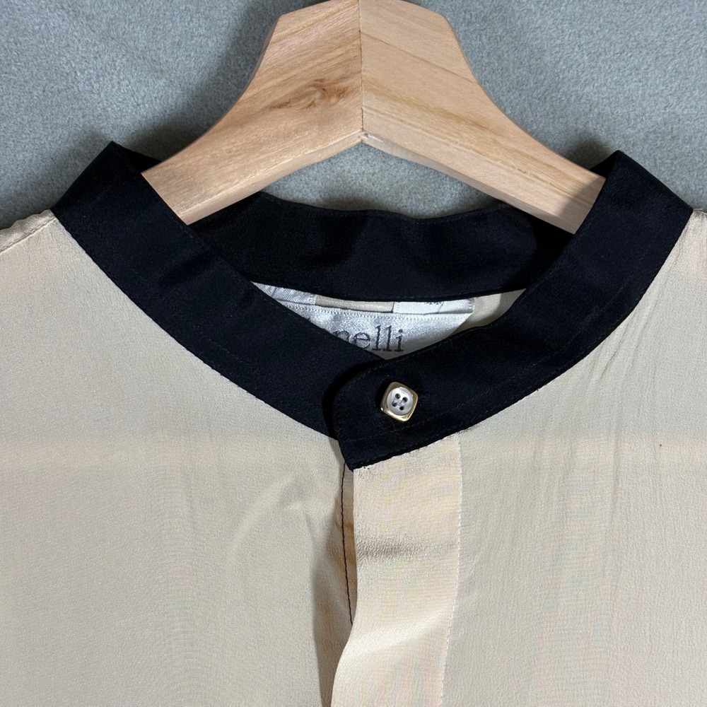 Genelli Vintage 100% Pure Silk Colorblock Band Collar Button Up Shirt XL Black - Picture 2 of 6